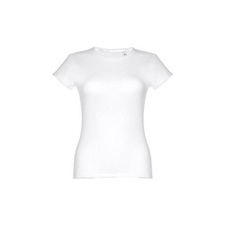 T-shirt ceinturé pour femme en maille jersey 100% coton (150 g/m²) avec fil de coton cardé. Contient un col fin en jersey double