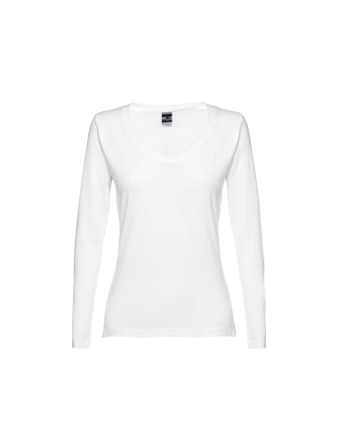 T-shirt ceinturé à manches longues pour femme en maille jersey 100% coton (150 g/m²) avec fil de coton cardé. Coupe moderne avec