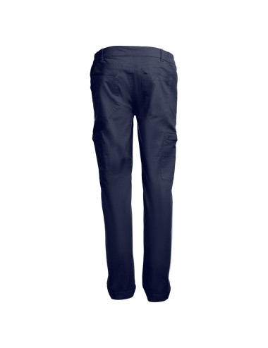 Pantalon en coton 98% et élasthanne 2% (240 g/m²). Contient 6 poches : 2 poches latérales avec fermeture, 2 poches avant et 2 po