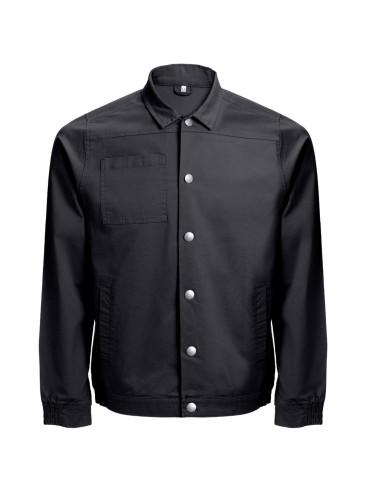 elle comporte 2 pinces dans le dos et des élastiques aux poignets et à la taille. Le boutonnage se fait par boutons pression. Co