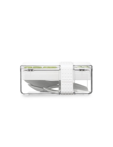 Boîte hermétique en Tritan™ et silicone avec couverts (inclus), plateau et poignée texturée. Les matériaux (sans BPA) sont de ha