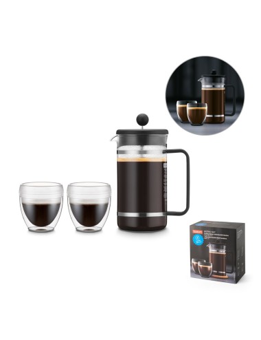 Coffret comprenant la cafetière à piston Bistro et 2 tasses à café Pavina Outdoor. La presse est fabriquée en acier inoxydable e