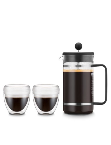 Coffret comprenant la cafetière à piston Bistro et 2 tasses à café Pavina Outdoor. La presse est fabriquée en acier inoxydable e