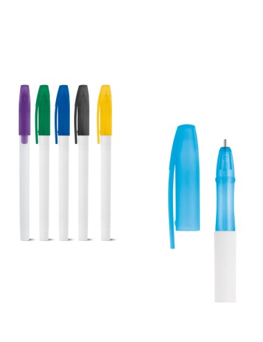 Stylo en plastique avec corps blanc et capuchon de couleurs au choix. Ecriture bleue ø10 x 142 mm
