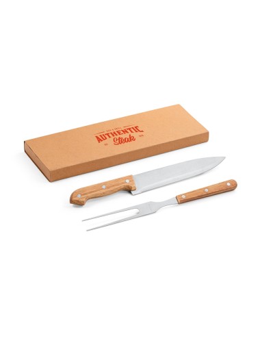 Ensemble de 2 pièces pour barbecue en bambou et acier inoxydable. Kit avec 2 ustensiles fournis dans une boîte cadeau en papier 