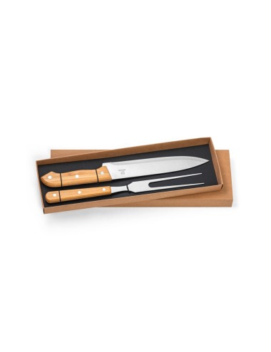 Ensemble de 2 pièces pour barbecue en bambou et acier inoxydable. Kit avec 2 ustensiles fournis dans une boîte cadeau en papier 