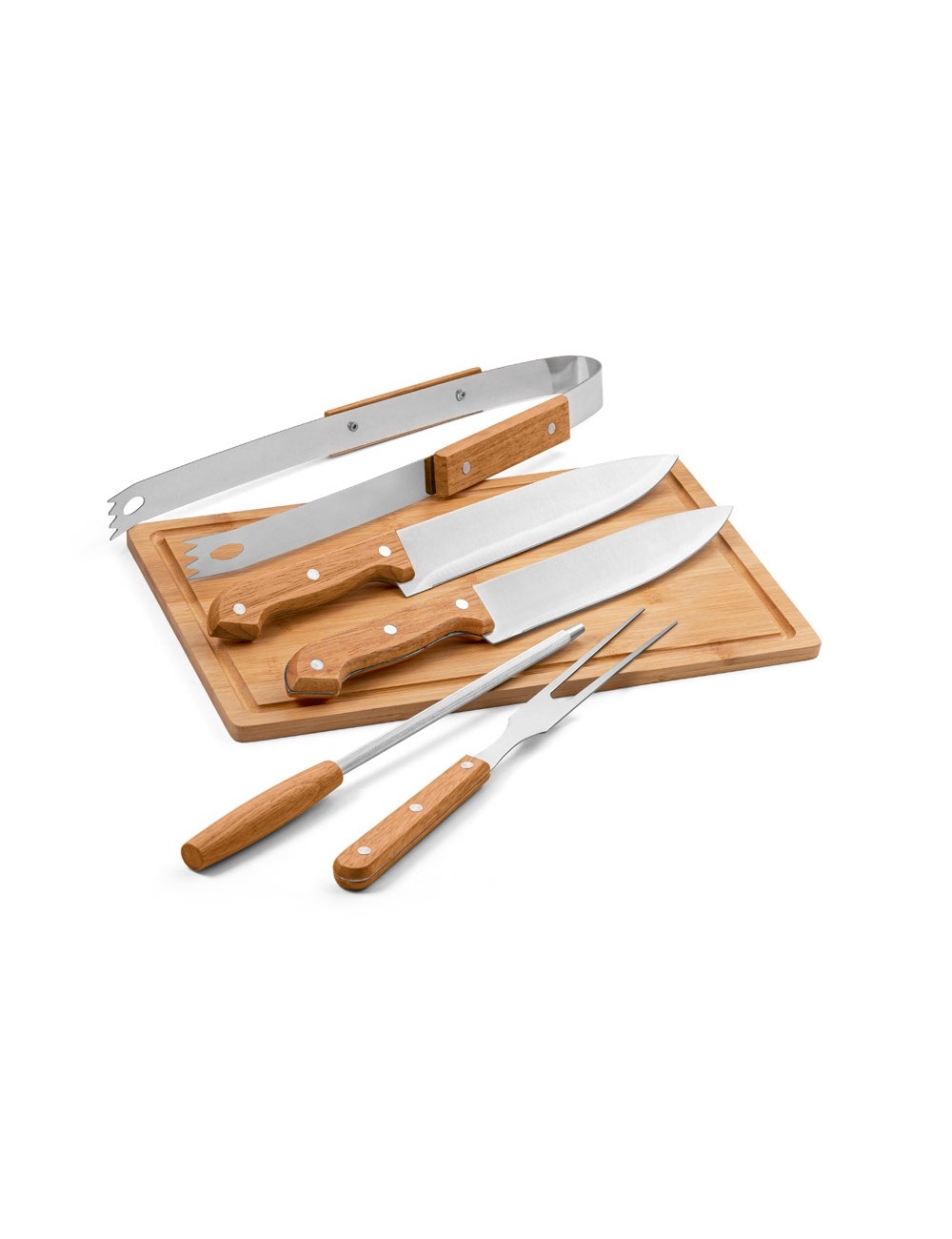 Ensemble de 5 pièces pour barbecue en bois et acier inoxydable et une planche de bambou. Kit avec 5 ustensiles et planche fourni