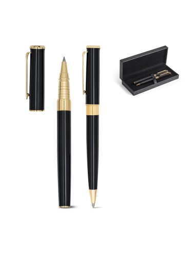 Set roller et stylo bille en métal avec éléments en or 18 carats. Fourni dans un écrin matelassé. Encre noire. ø12 x 136 mm | Co