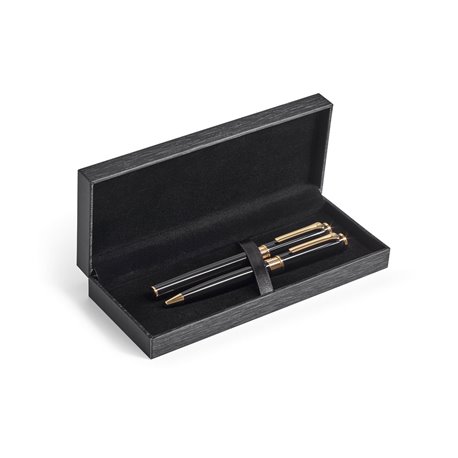 Set roller et stylo bille en métal avec éléments en or 18 carats. Fourni dans un écrin matelassé. Encre noire. ø12 x 136 mm | Co