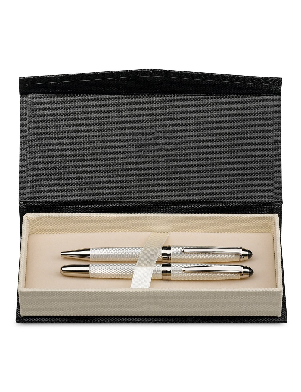 Ensemble stylo bille et roller en métal avec clip. Écriture bleue. Livré dans un coffret cadeau rembourré.ø12 x 138 mm | Coffret