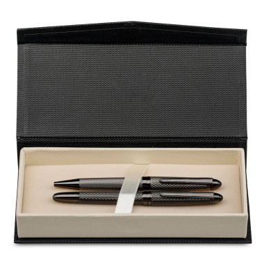 Ensemble stylo bille et roller en métal avec clip. Écriture bleue. Livré dans un coffret cadeau rembourré.ø12 x 138 mm | Coffret