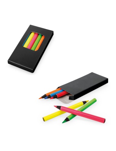 Boîte de 6 petits crayons de couleur fluorescents en bois pour le coloriage. 90 x 10 x 48 mm