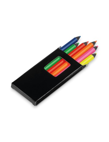 Boîte de 6 petits crayons de couleur fluorescents en bois pour le coloriage. 90 x 10 x 48 mm