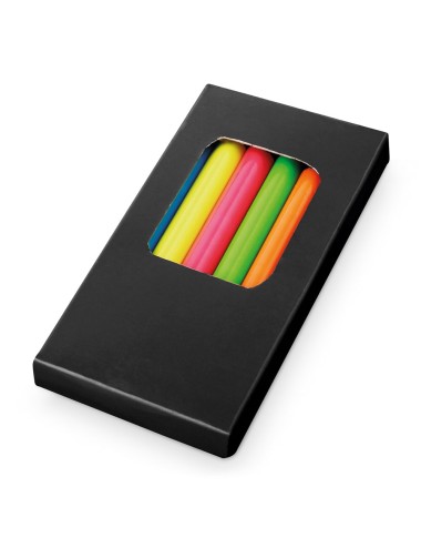 Boîte de 6 petits crayons de couleur fluorescents en bois pour le coloriage. 90 x 10 x 48 mm