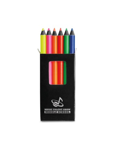 Boîte de 6 petits crayons de couleur fluorescents en bois pour le coloriage. 90 x 10 x 48 mm