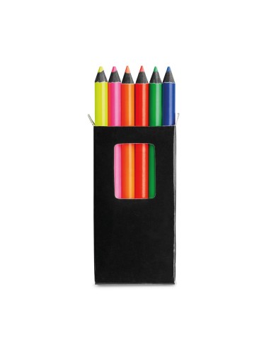 Boîte de 6 petits crayons de couleur fluorescents en bois pour le coloriage. 90 x 10 x 48 mm