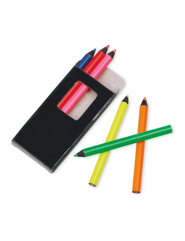 Boîte de 6 petits crayons de couleur fluorescents en bois pour le coloriage. 90 x 10 x 48 mm