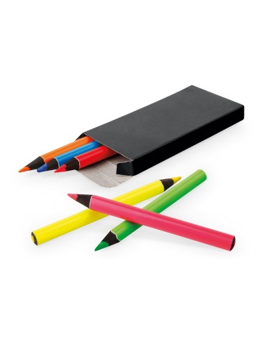 Boîte de 6 petits crayons de couleur fluorescents en bois pour le coloriage. 90 x 10 x 48 mm