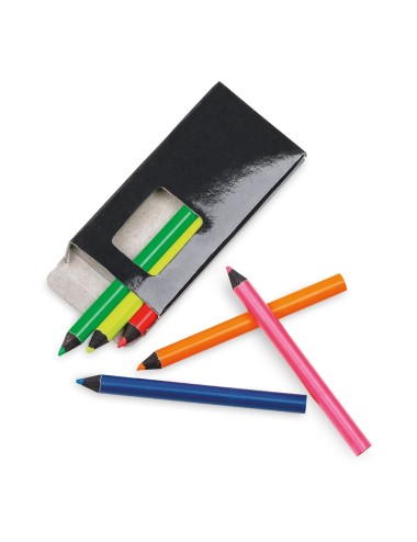 Boîte de 6 petits crayons de couleur fluorescents en bois pour le coloriage. 90 x 10 x 48 mm