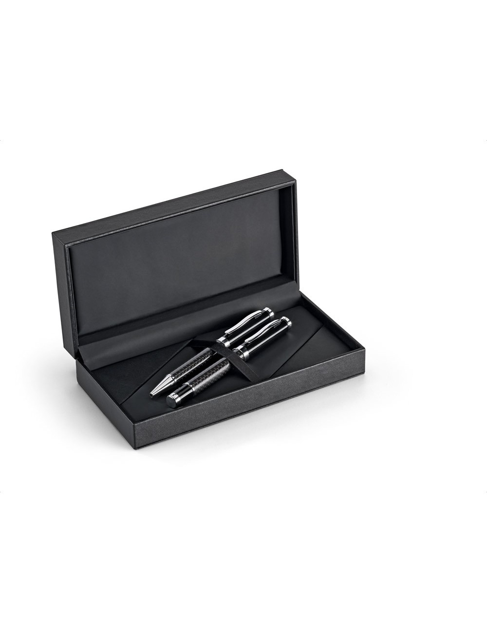 Set roller et stylo bille en métal et fibre de carbone, avec clip métallique. Stylo bille avec mécanisme twist. Fourni dans un é