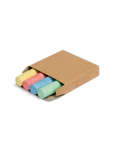 Boîte kraft avec 4 craies de couleur : jaune, rouge, vert et bleu. Livrée dans une boîte kraft. Craie: ø22 x 106 mm | Boîte: 98 