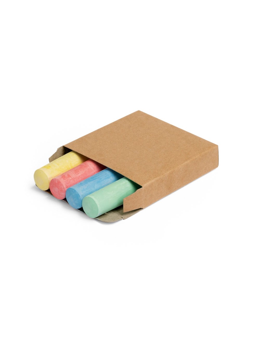 Boîte kraft avec 4 craies de couleur : jaune, rouge, vert et bleu. Livrée dans une boîte kraft. Craie: ø22 x 106 mm | Boîte: 98 