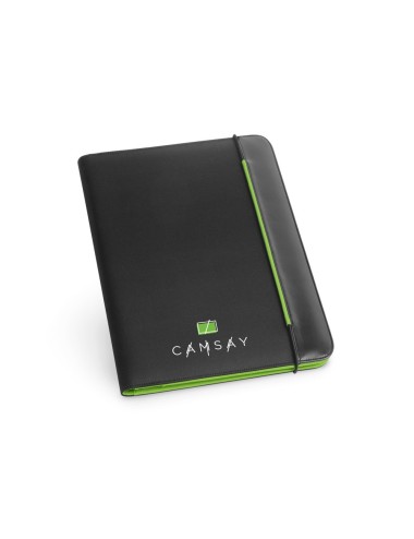 Conférencier A4 en simili cuir et 800D avec intérieur en microfibre. Contient une fermeture élastique et possède, à l'intérieur,