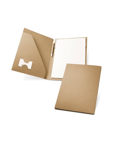 Conférencier en carton (450 g/m²) avec un bloc-notes de 20 feuilles non lignées en papier recyclé et un porte-cartes de visite. 