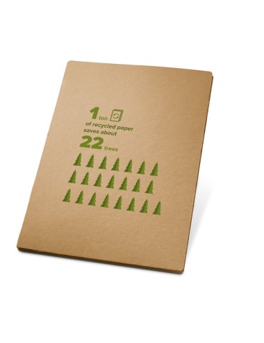 Conférencier en carton (450 g/m²) avec un bloc-notes de 20 feuilles non lignées en papier recyclé et un porte-cartes de visite. 