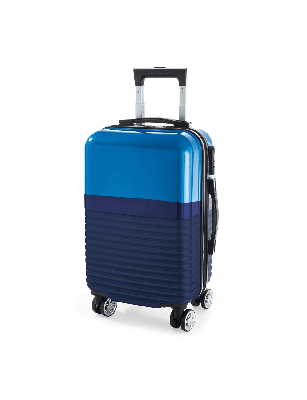 Trolley de voyage en ABS et PS avec intérieur doublé et séparateur. Le produit possède 4 roues doubles giratoires, poignée exten