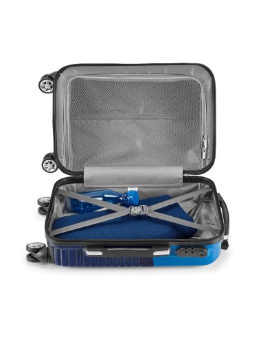 Trolley de voyage en ABS et PS avec intérieur doublé et séparateur. Le produit possède 4 roues doubles giratoires, poignée exten