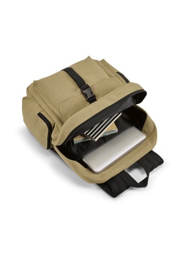 Sac à dos pour ordinateur en coton canevas pré-lavé. Compartiment principal doublé, avec 2 séparateurs rembourrés pour ordinateu