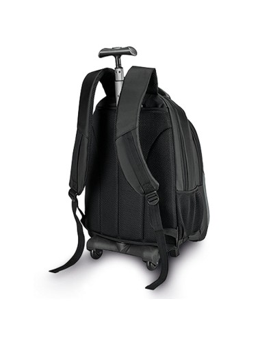 une poche frontale et deux poches latérales en filet. Contient une poignée extensible et des roulettes pour un transport facile