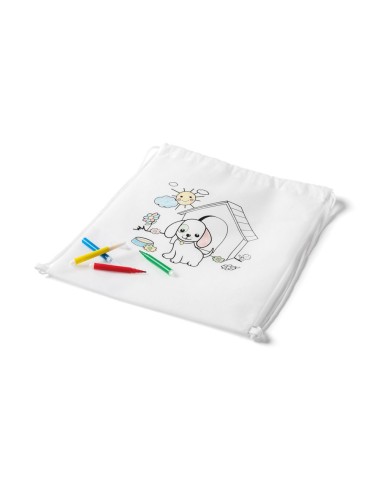 Sac à dos en non tissé avec dessin à colorier (80 m/g²). Le sac est accompagné de 4 feutres. Ensemble idéal pour offrir aux enfa