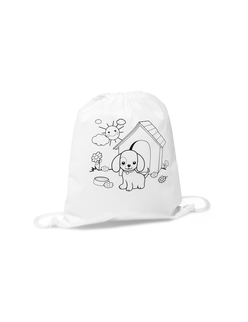 Sac à dos en non tissé avec dessin à colorier (80 m/g²). Le sac est accompagné de 4 feutres. Ensemble idéal pour offrir aux enfa