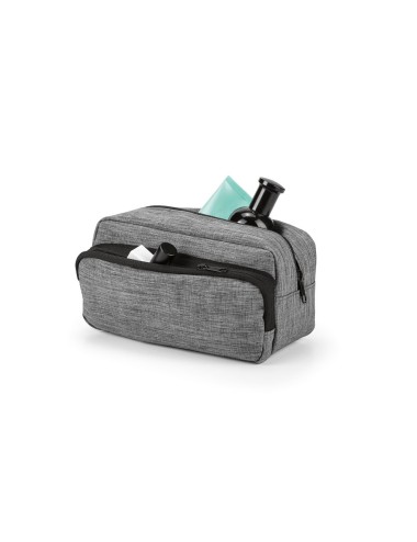 Trousse de toilette en 300D haute densité avec poignée, poche avant, intérieur doublé et fermeture éclair. 220 x 115 x 115 mm