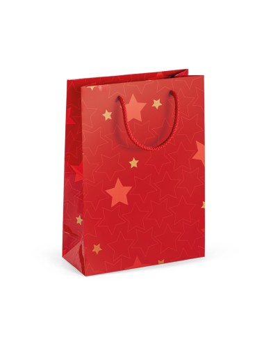 Sac de taille moyenne fabriqué en papier couché avec pelliculage brillant (170 g/m²). Avec une base en carton et un carton pour 