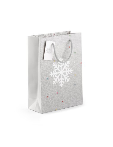 Sac de taille moyenne fabriqué en papier couché avec pelliculage brillant (170 g/m²). Avec une base en carton et un carton pour 