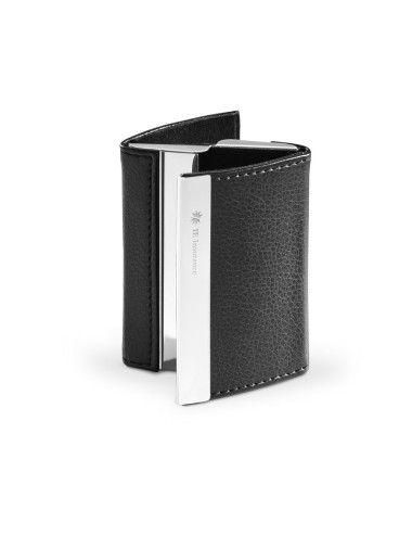 Porte-cartes double en métal et imitation cuir. Ce porte-cartes est fournis dans une boîte. 93 x 67 x 19 mm | Boîte: 98 x 72 x 2