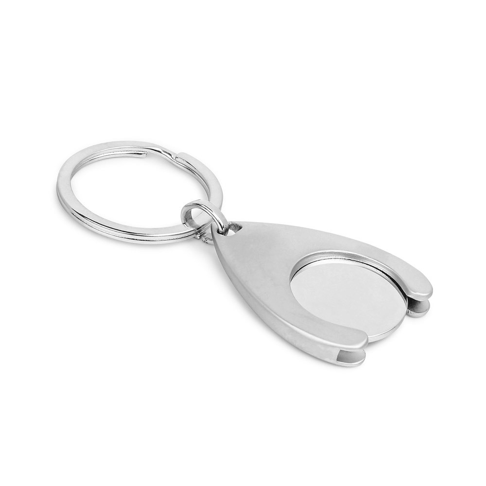 Porte-clés métallique avec jeton pour charriot, livré sous boîte cadeau. 32 x 40 mm | Caddie: ø24 mm