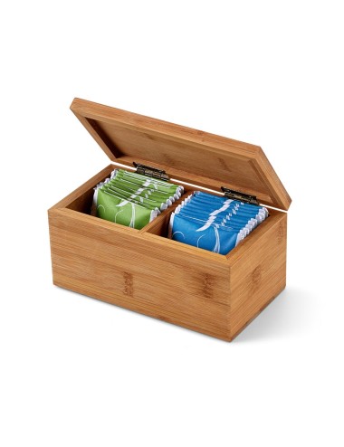 Boîte à thé en bambou composée de 2 compartiments, fermeture aimantée. Cette boîte contient 20 sachets de thé individuels des Aç