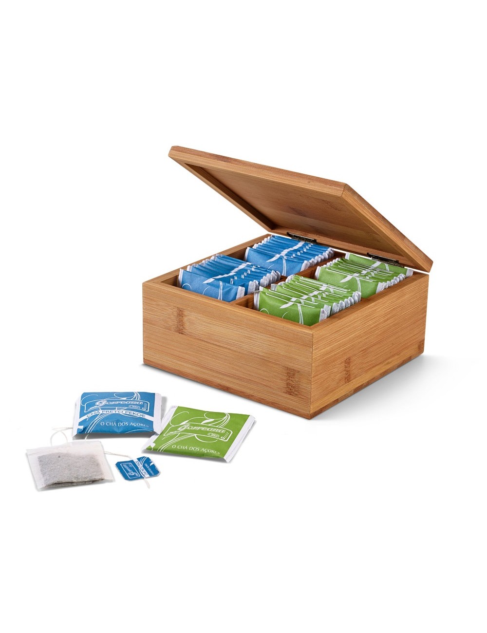 Boîte à thé en bambou composée de 4 compartiments, fermeture aimantée. Cette boîte contient 40 sachets de thé individuels des Aç