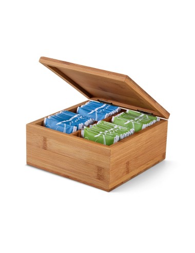 Boîte à thé en bambou composée de 4 compartiments, fermeture aimantée. Cette boîte contient 40 sachets de thé individuels des Aç
