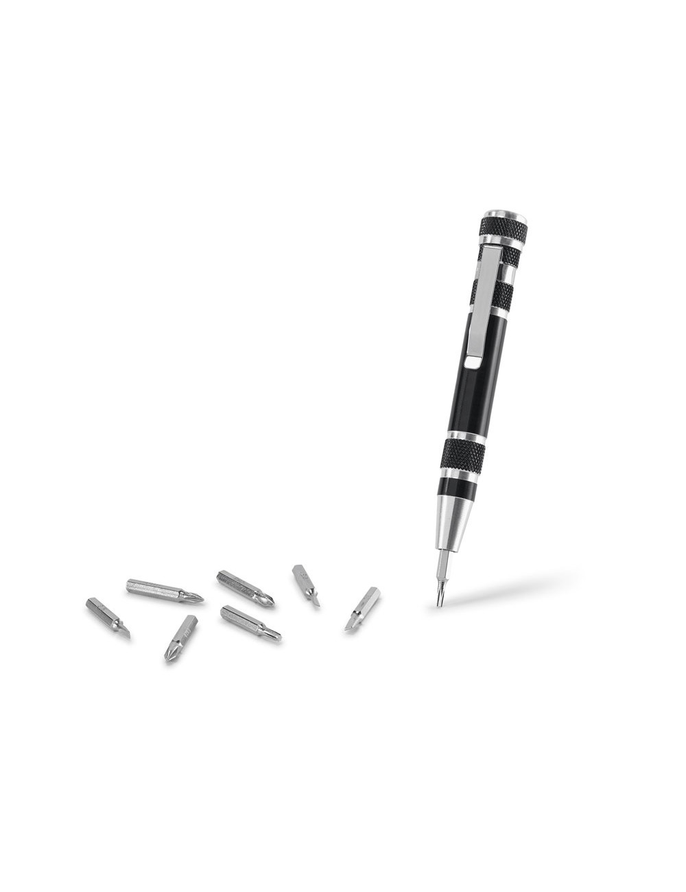 Kit d'outils en forme de stylo possédant 8 embouts amovibles différents. Outil pratique permettant le rangements des embouts dan
