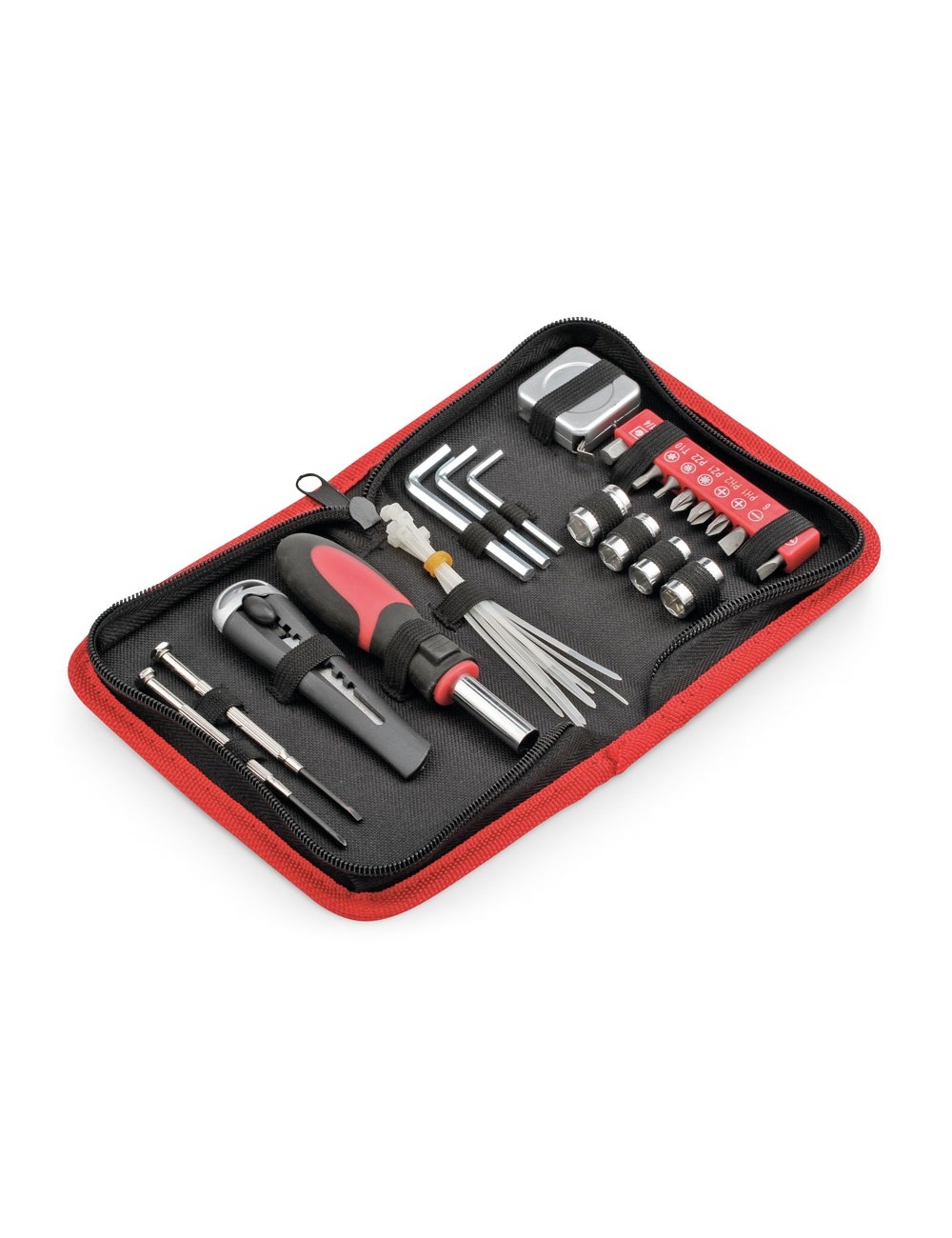 Kit d’outillage avec 32 pièces. Livré dans une housse en polyester 600D avec fermeture éclair.158 x 108 x 37 mm