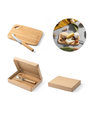 Planche à découper avec couteau à fromage en bambou. Fourni avec boite papier kraft. 143 x 200 x 10 mm | Coffret: 150 x 205 x 32