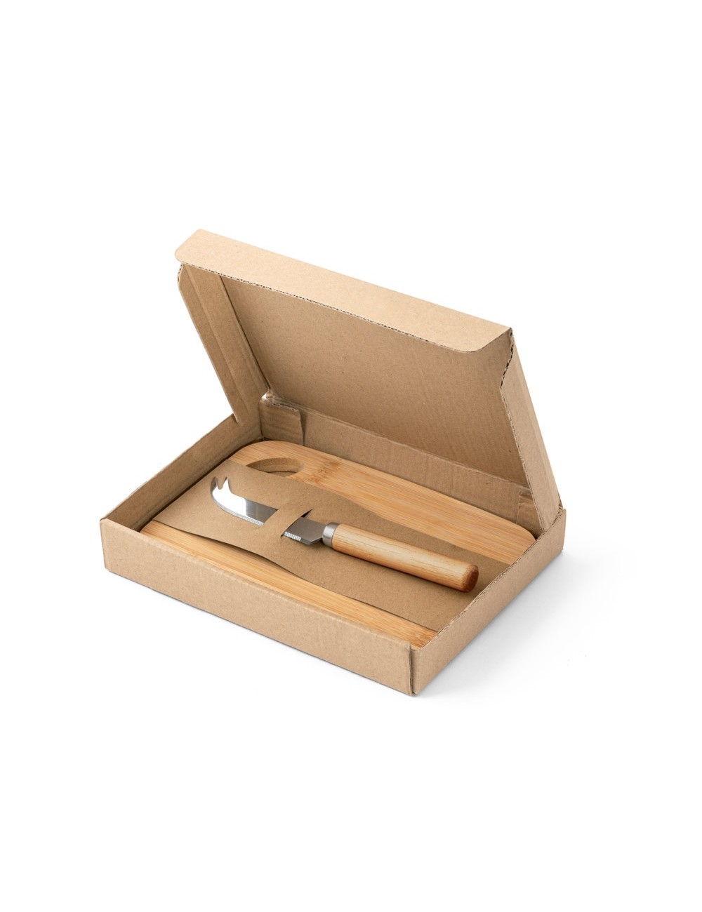 Planche à découper avec couteau à fromage en bambou. Fourni avec boite papier kraft. 143 x 200 x 10 mm | Coffret: 150 x 205 x 32