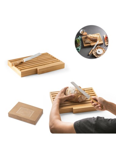 Planche à pain en bambou avec couteau inox. Grille amovible pour retirer les miettes facilement. Fourni dans une boîte cadeau en