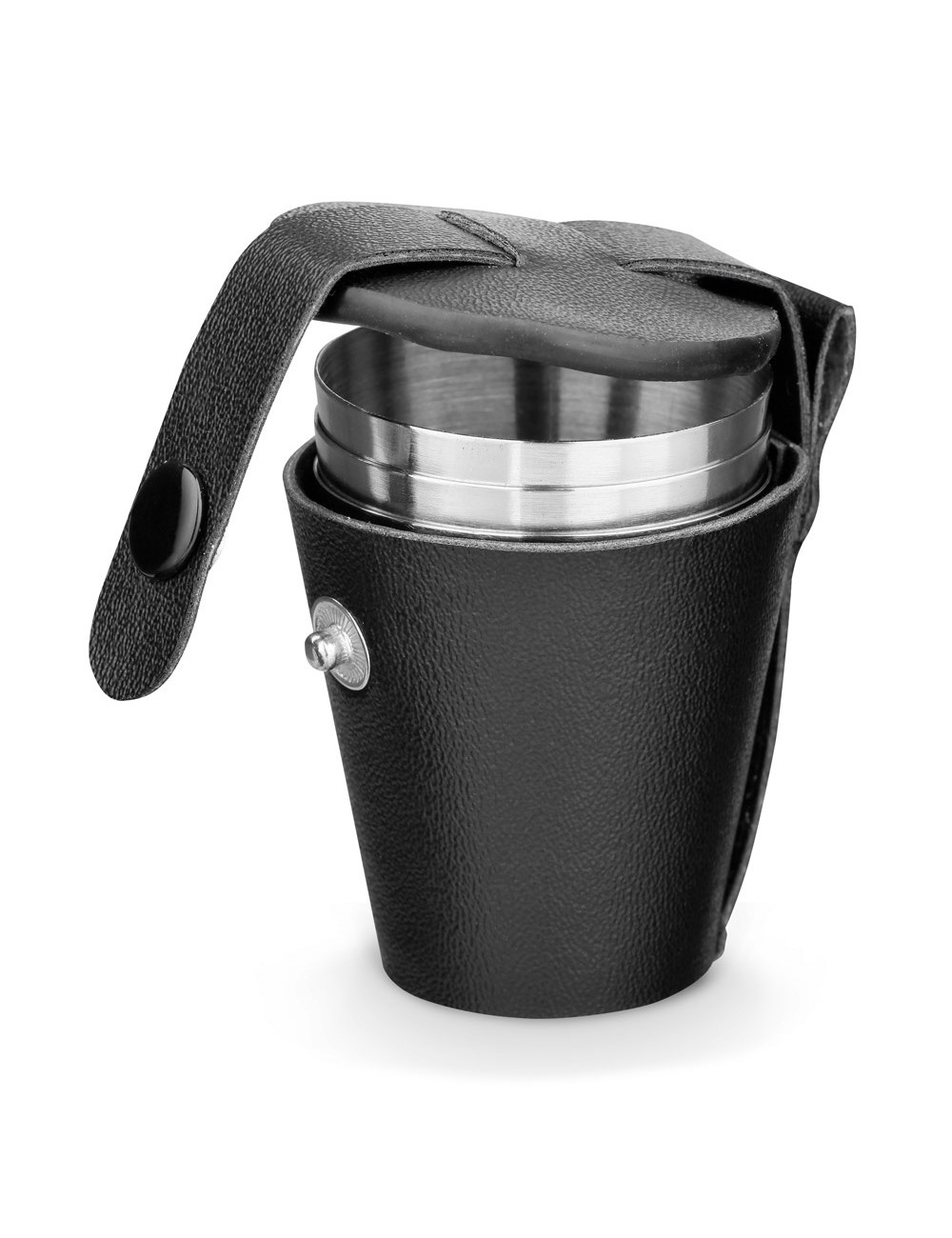 Ensemble de 4 verres en acier inoxydable avec étui de transport en simili cuir. Capacité jusqu'à 25 mL. Livré sous coffret cadea Ensemble de 4 verres en acier inoxydable avec étui de transport en simili cuir. Capacité jusqu'à 25 mL. Livré sous coffret cadea
