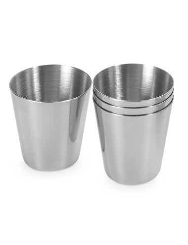 Ensemble de 4 verres en acier inoxydable avec étui de transport en simili cuir. Capacité jusqu'à 25 mL. Livré sous coffret cadea